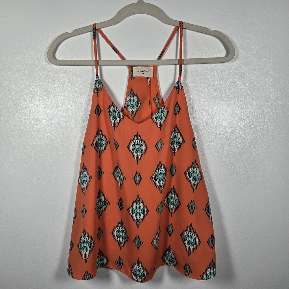 Everly Orange Southwestern Print Open Back V-Neck Cami Tank Top Size Small